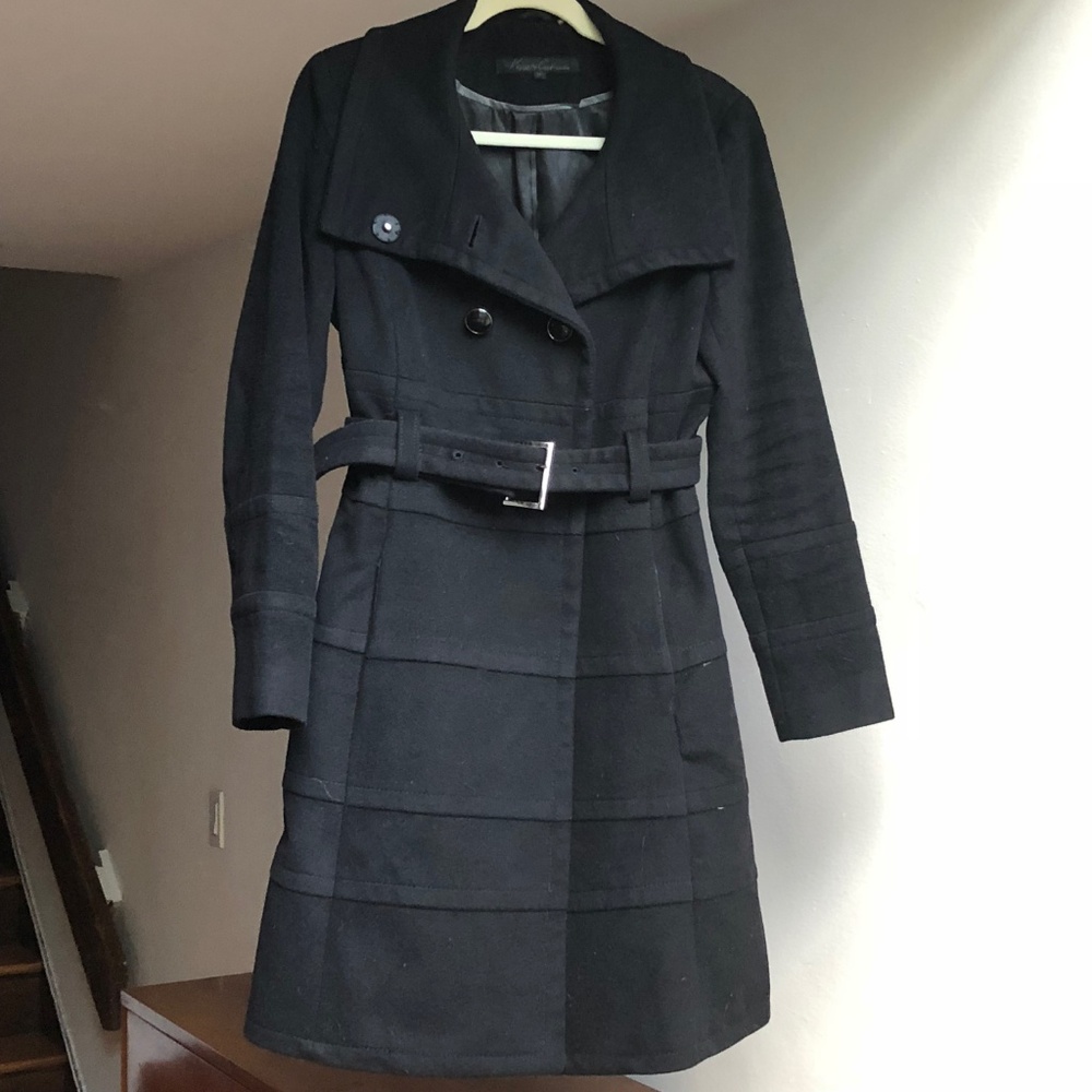 Tailored A-Line Belted Wool Coat with High Collar